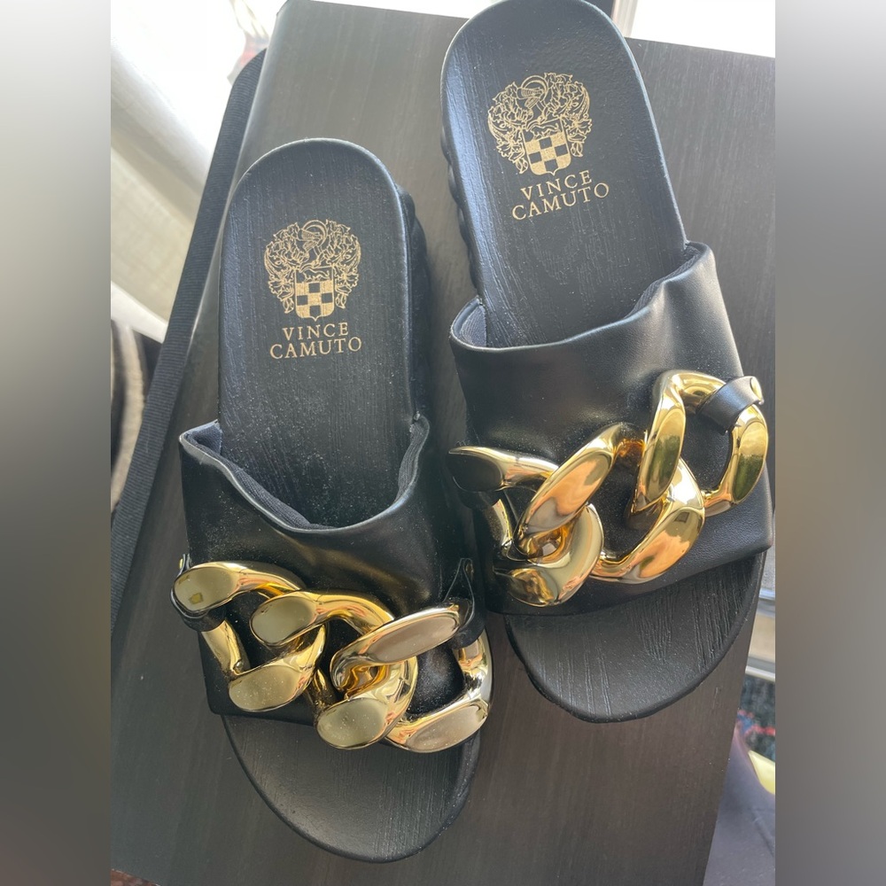 Vince Camuto Black and Gold Chain Slides